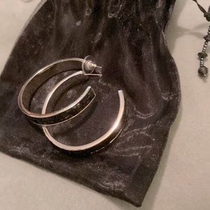 Cache Large Black and Silvertone Hoop Earrings